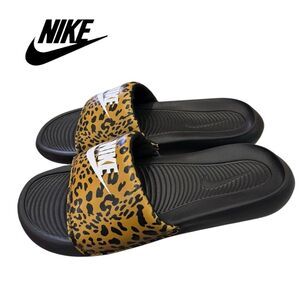 Nike Victori Women’s Black Brown Leopard Slides Sandals 9